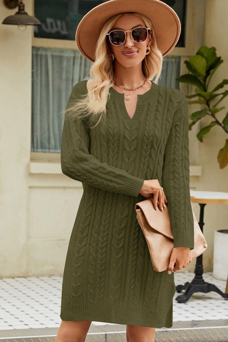LONG SLEEVE V NECK TWO SIDE SLIT SWEATER DRESS Light Fit Minimalist Fit