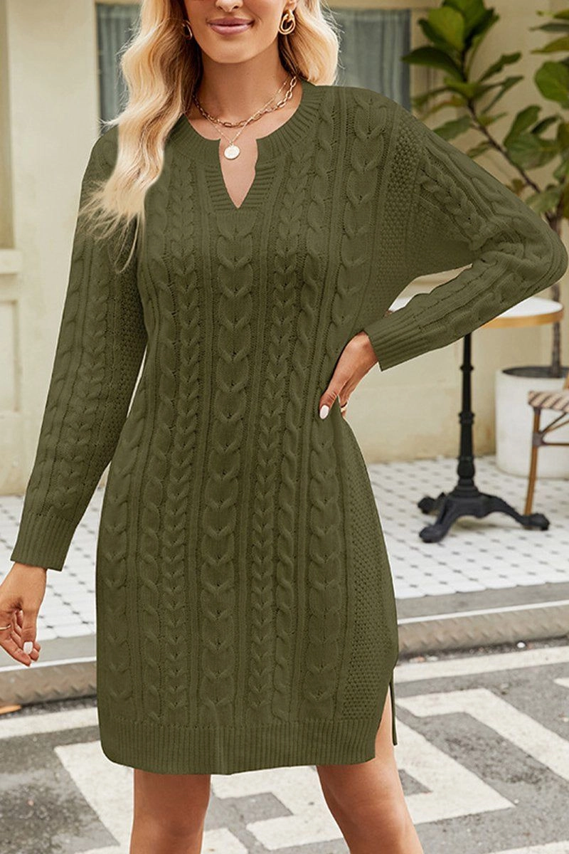 Shine Dressy LONG SLEEVE V NECK TWO SIDE SLIT SWEATER DRESS