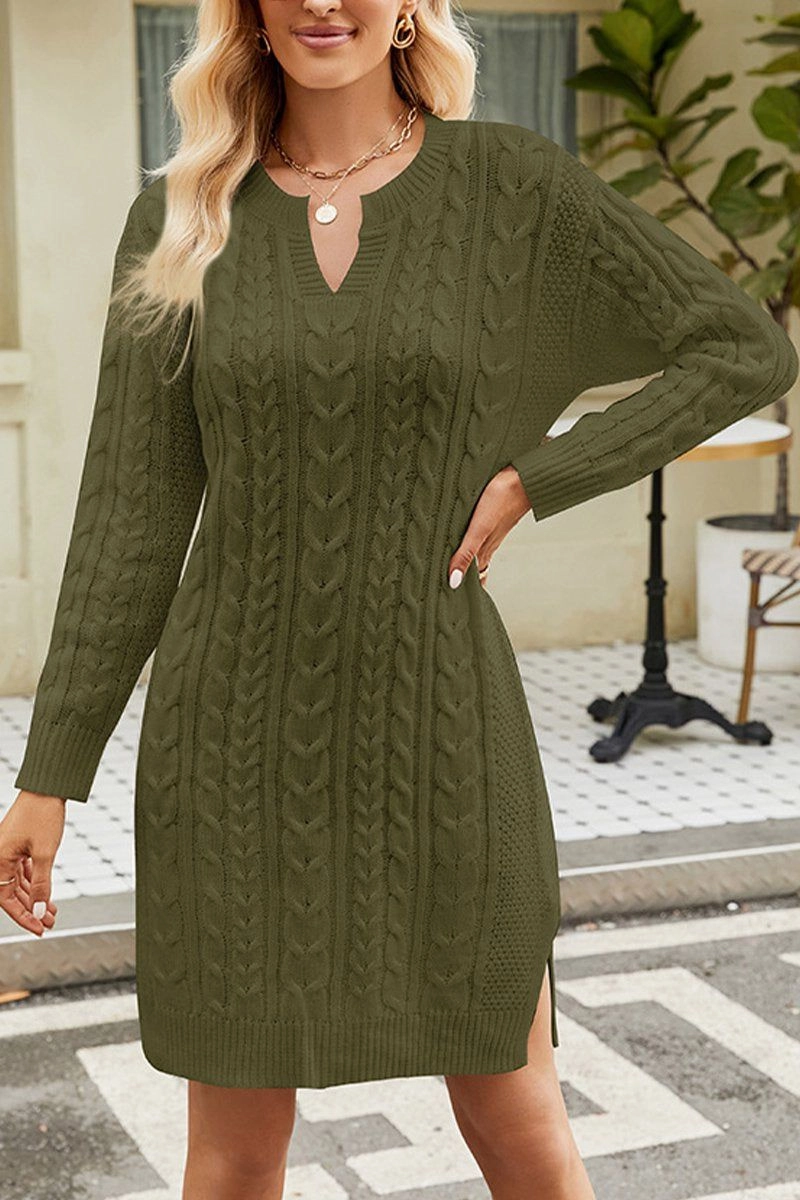 Timeless Appeal LONG SLEEVE V NECK TWO SIDE SLIT SWEATER DRESS
