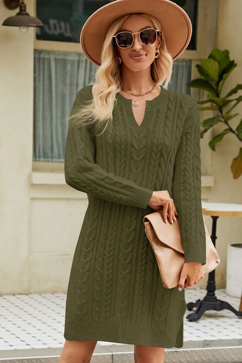 LONG SLEEVE V NECK TWO SIDE SLIT SWEATER DRESS Full Coverage UV protection coating