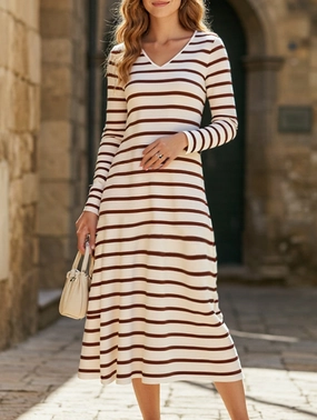 Smooth Vibes Long-sleeved striped print V-neck pullover dress