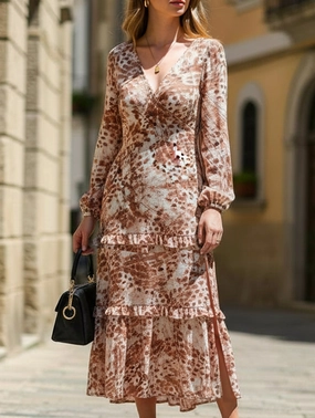 Classic structured dress Long-sleeved V-neck slit printed dress