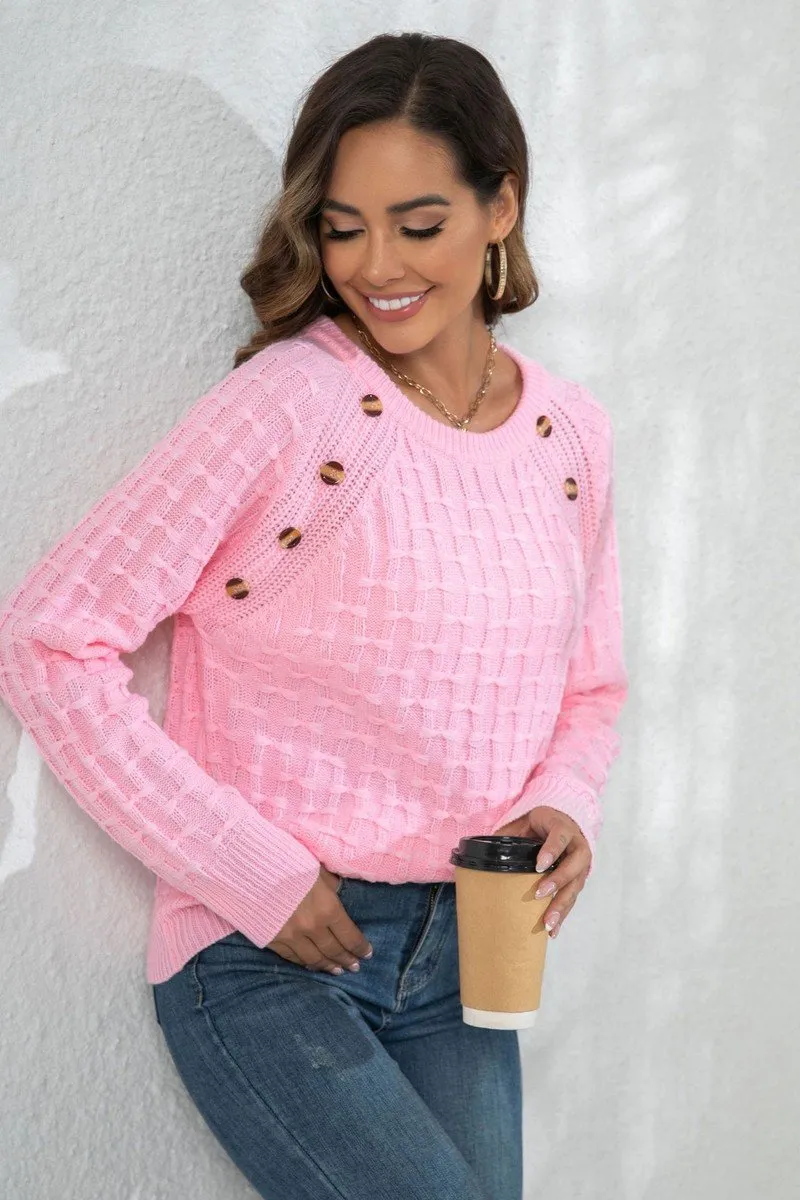 Cozy Fit Essential Knit Style WOMEN WAFFLE LONG SLEEVE BUTTON PULLOVER SWEATER