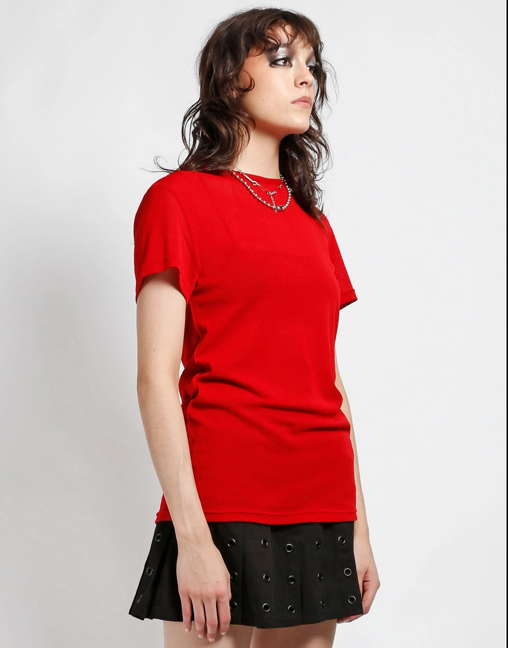 SHORT SLEEVE FISHNET RED VNeckline Multi Panel Design