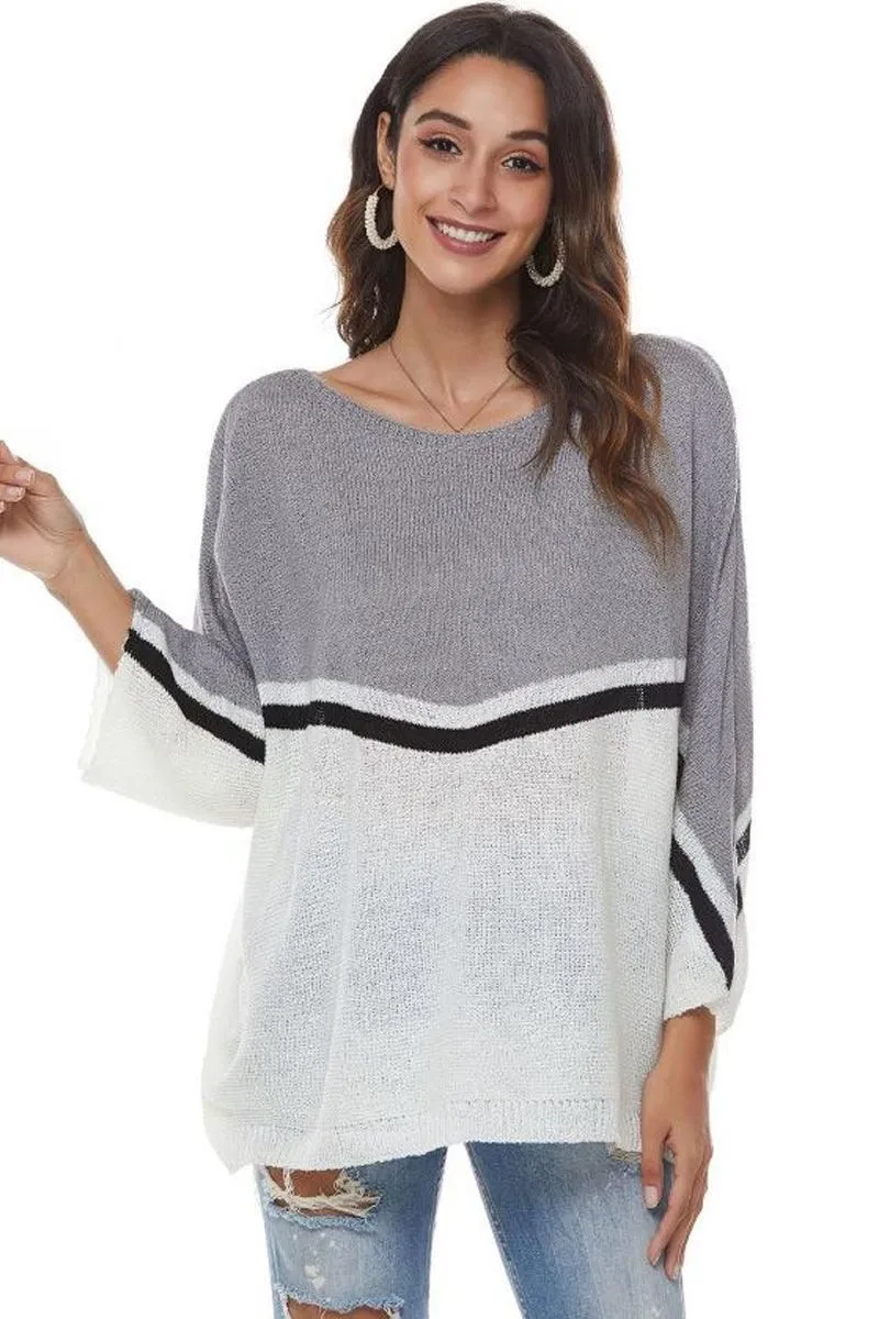 LOOSE FIT BATWING SLEEVE COLOR BLOCK KNIT SWEATER Microfiber Blended Fabric
