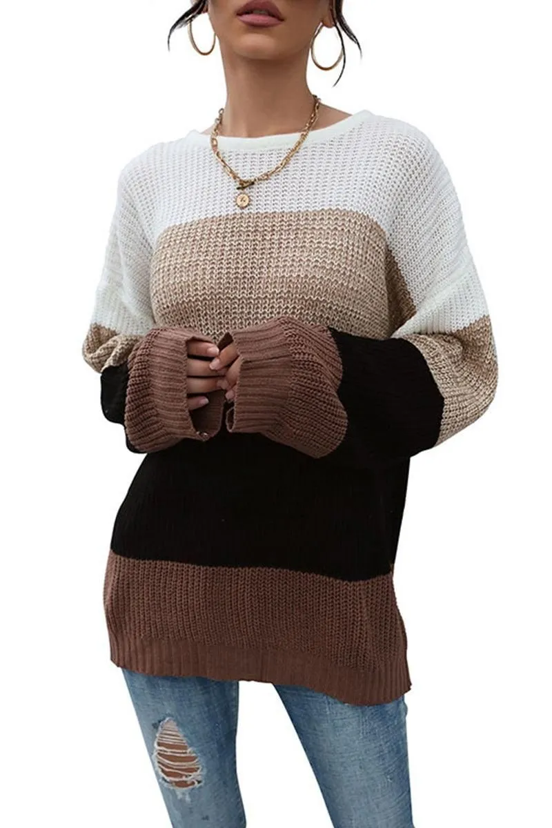 LOOSE FIT COLOR BLOCK KNITTED SWEATER Simple Dress