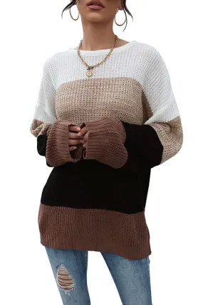 LOOSE FIT COLOR BLOCK KNITTED SWEATER NonChafing Fabric Classic Crewneck Design