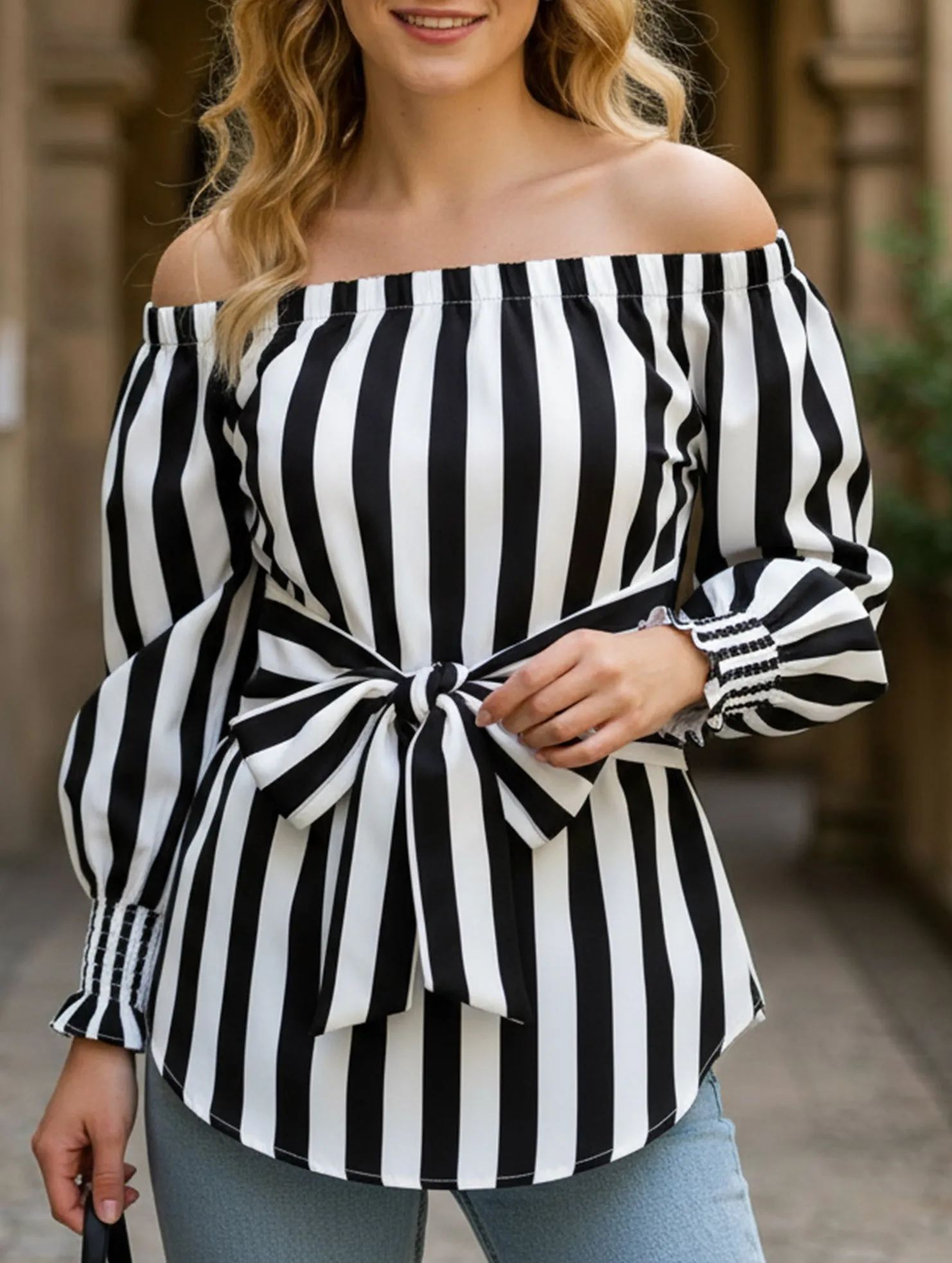 Ultrasoft Inner Lining Loose off-the-shoulder asymmetrical striped shirt