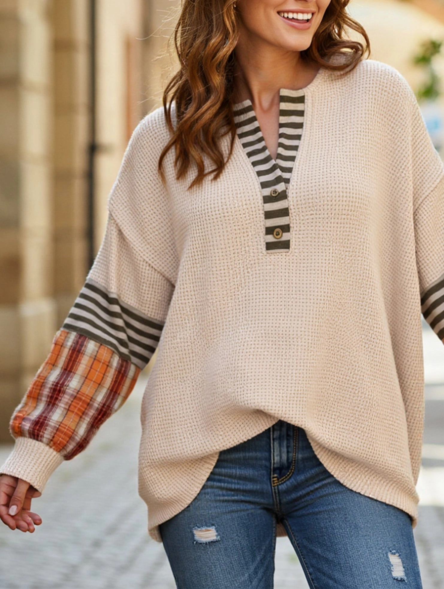 Reinforced Neckline Detail Organic Cotton Fiber Loose plaid long-sleeved top