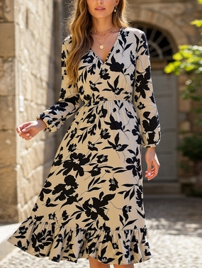 Bold Look Urban Line Loral Long Sleeve Peplum Dress ??Waist Tucked Elegance