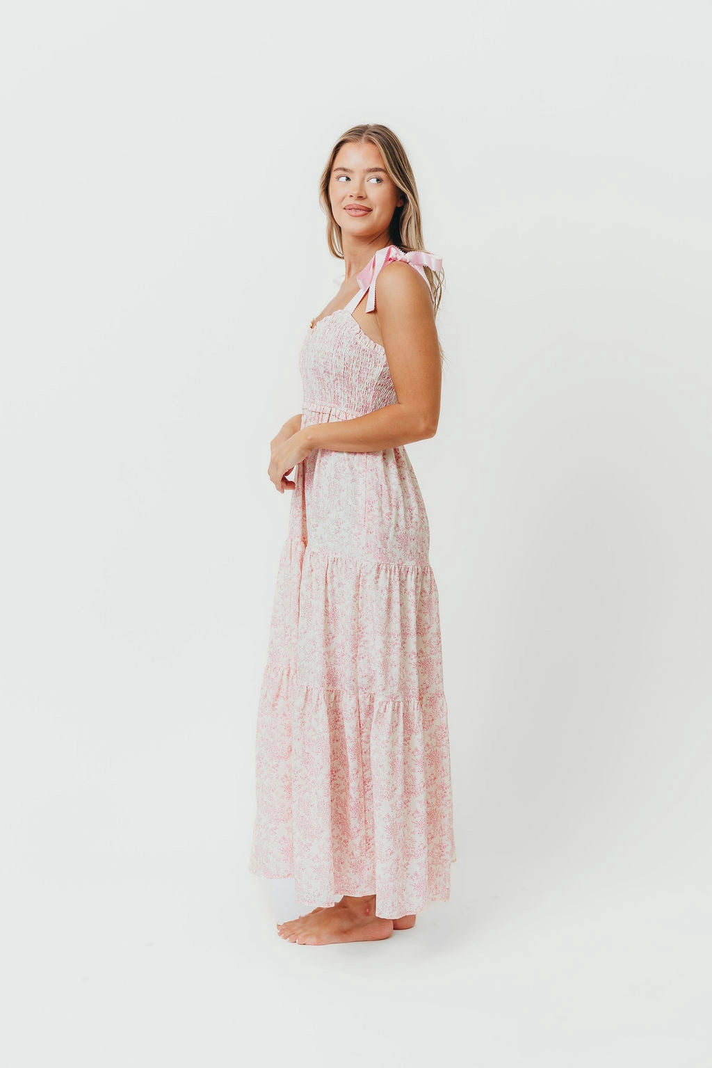 Lottie Tiered Maxi Dress in Pink Floral Flowing Texture Peach Tone