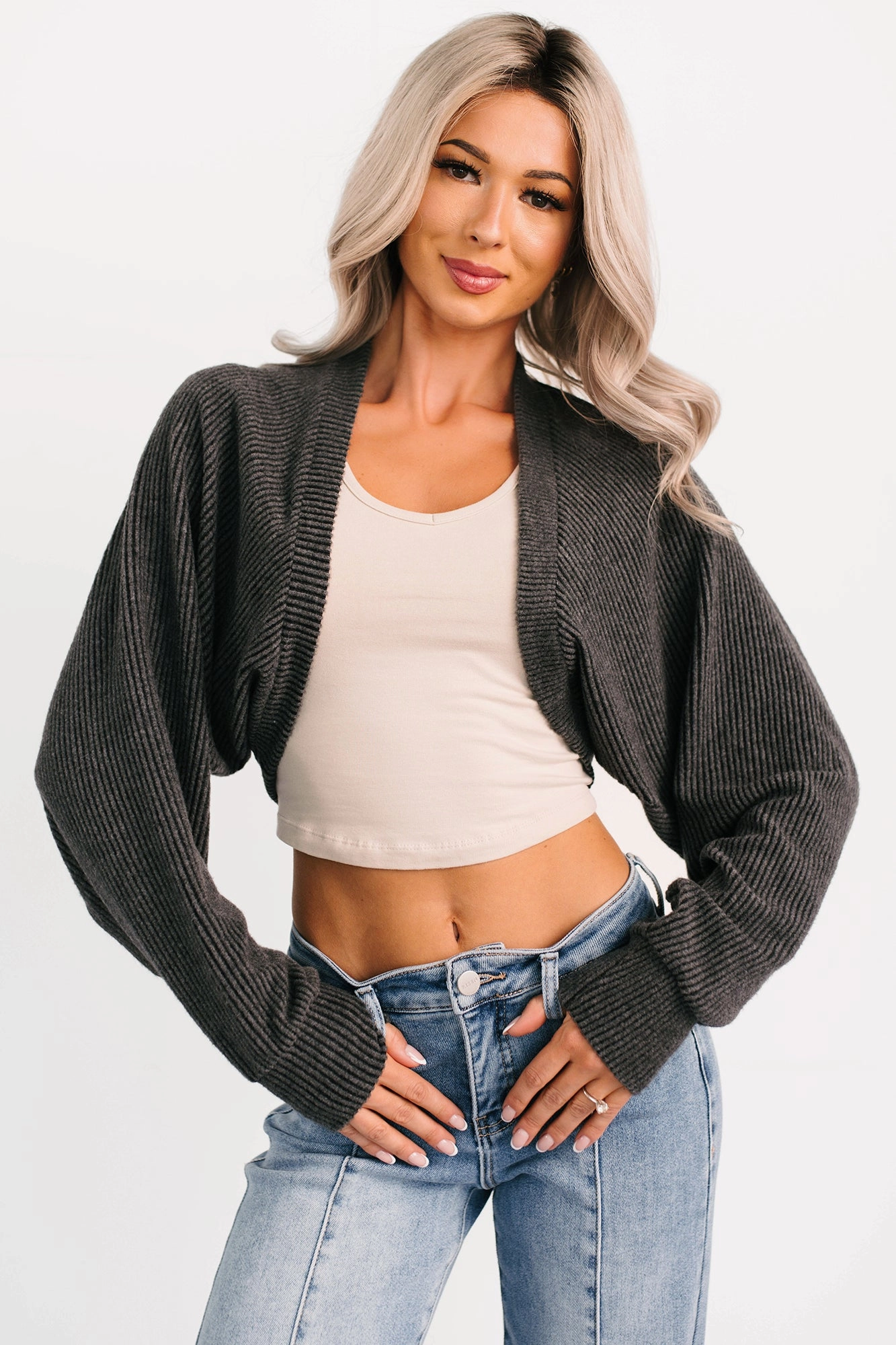 Minimalist Design Lounge Cloud Ribbed Long Sleeve Shrug (Charcoal)