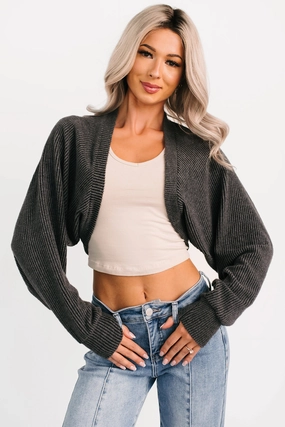 Minimalist Design Lounge Cloud Ribbed Long Sleeve Shrug (Charcoal)
