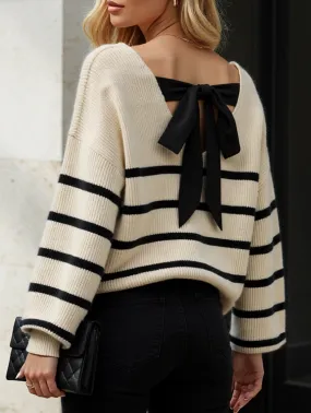 Cozy Blouse Layered Collar Structure Striped contrast bow tie knit sweater