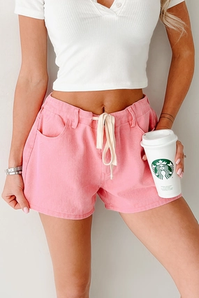 Holiday Vibes Work Ready Morning Stroll Evening Stroll Trend Setter Lowkey Lovely Drawstring Denim Shorts (Pink)