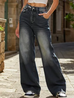 Cropped hem TearResistantMaterial Loose high waist street style wide leg Denim Pants