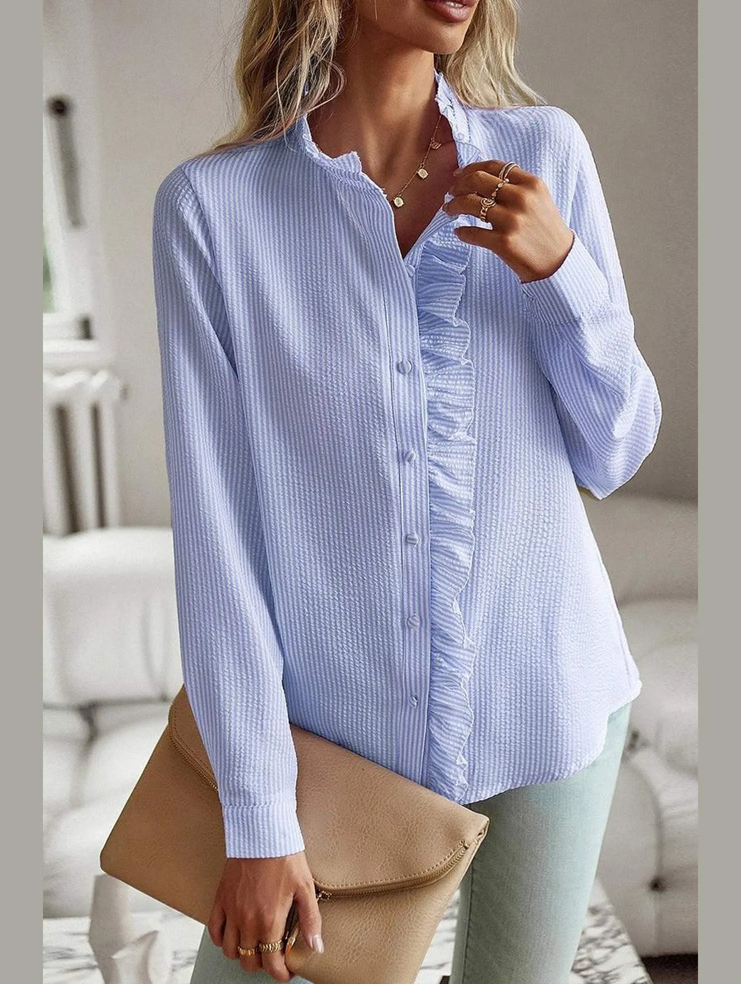 BUTTON UP LACE STRIPE SHIRT V-neck Shirt Variable Tension Adjustment