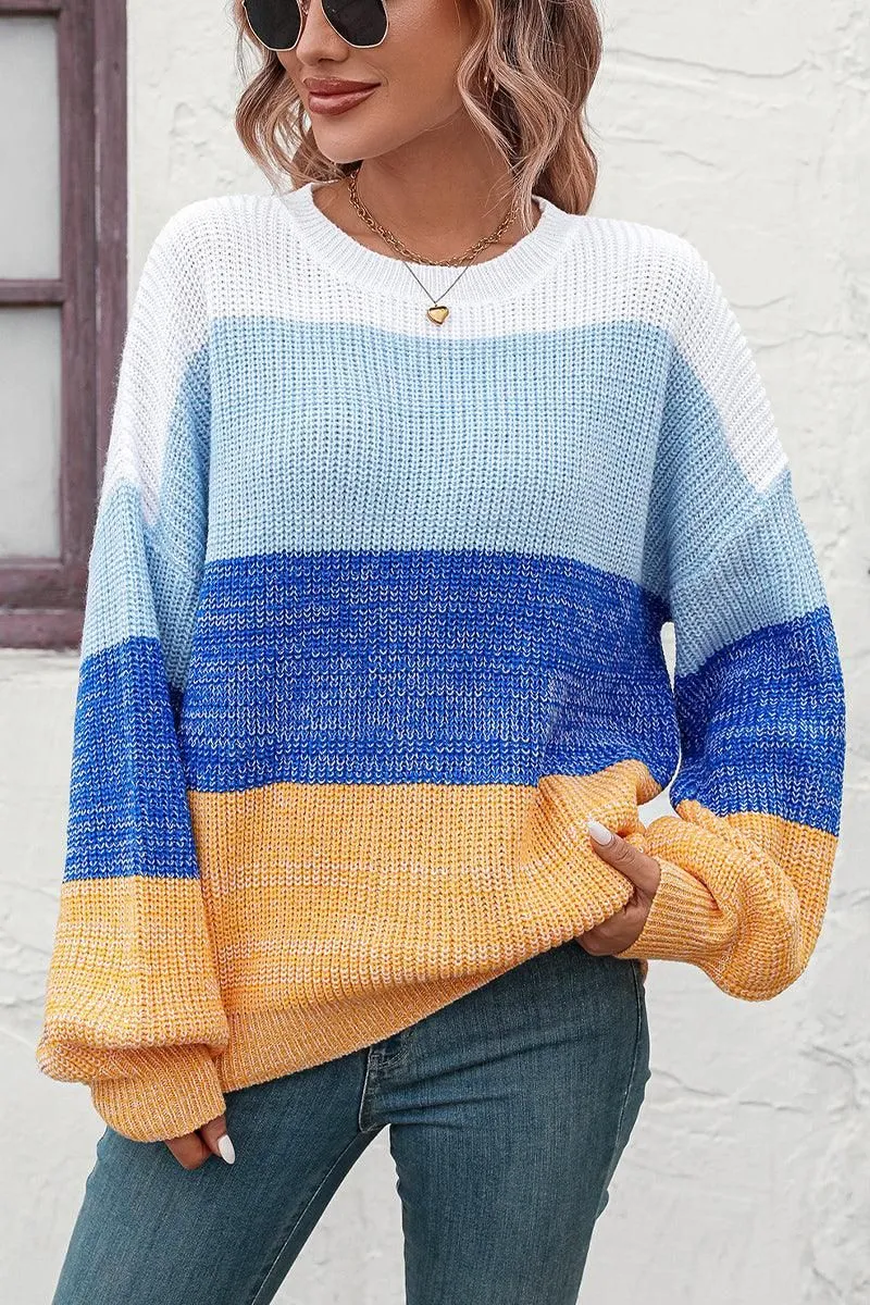 Knit texture WOMEN RIBBED CREW NECK COLOR BLOCK SWEATER