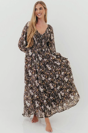 Luann Floral Maxi Dress in Mocha Mousse Retro Vibes