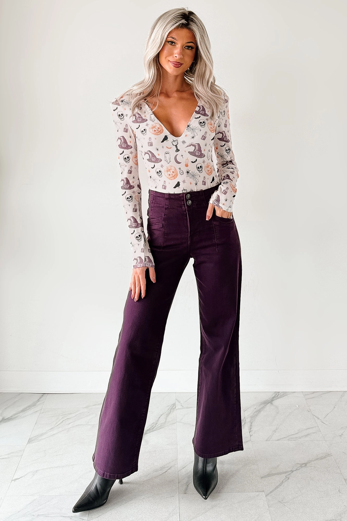 Carlotta High Rise Wide Leg Mica Denim Jeans (Plum) Soft Core Classic Fit