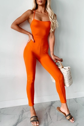 Retro Kids Time To Walk Away Lace-Up Back Jumpsuit (Orange)