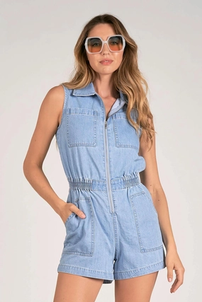 Elan Zipper Front Denim Romper Festival Outfit Professional Wear Soft Touch