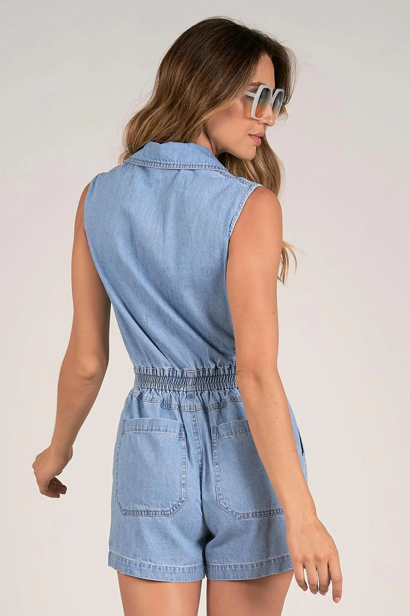 Elan Zipper Front Denim Romper Anti Fade Technology