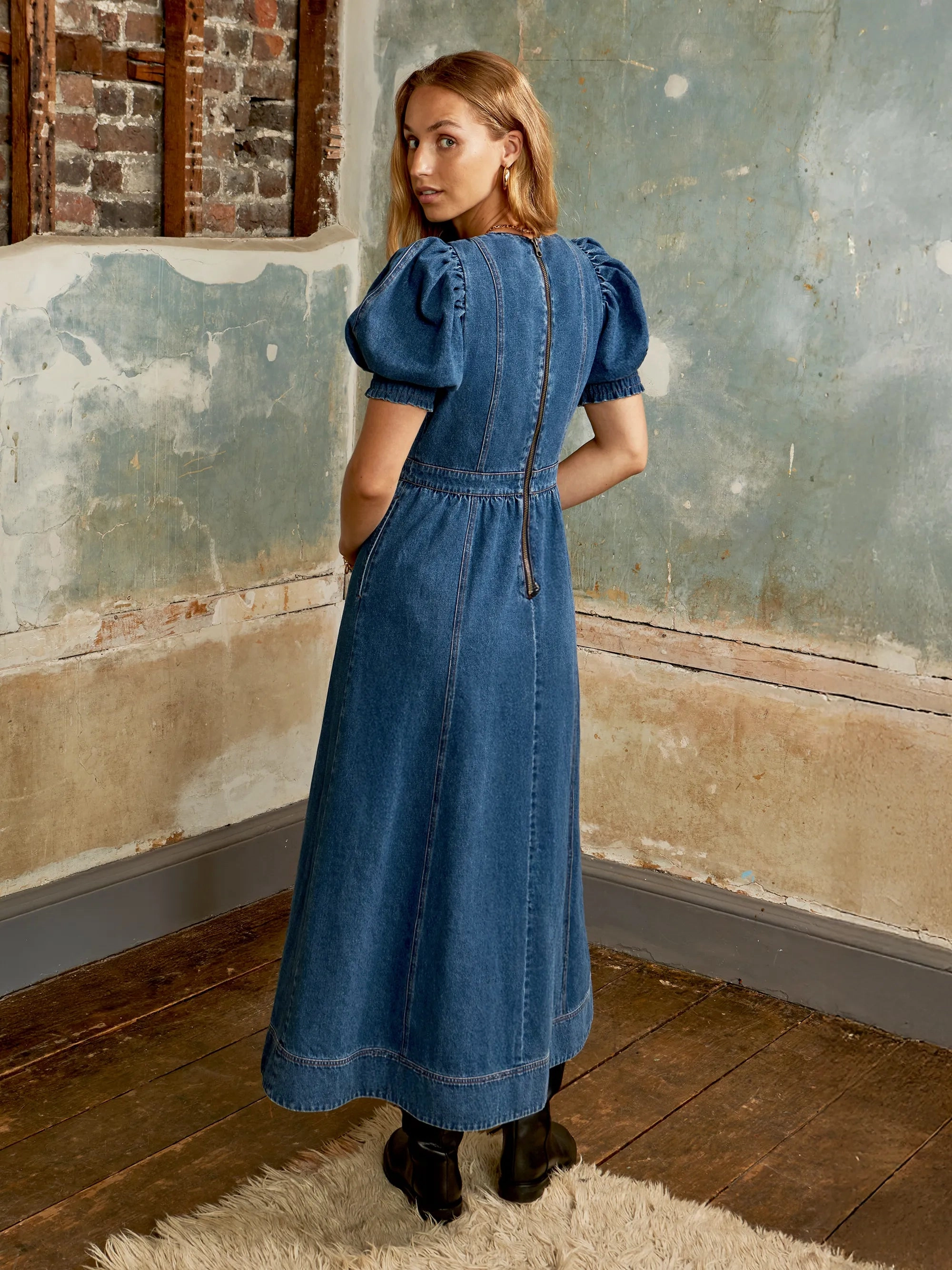 Puff-Sleeve Denim Midaxi Dress museum visit Dreamy Layers