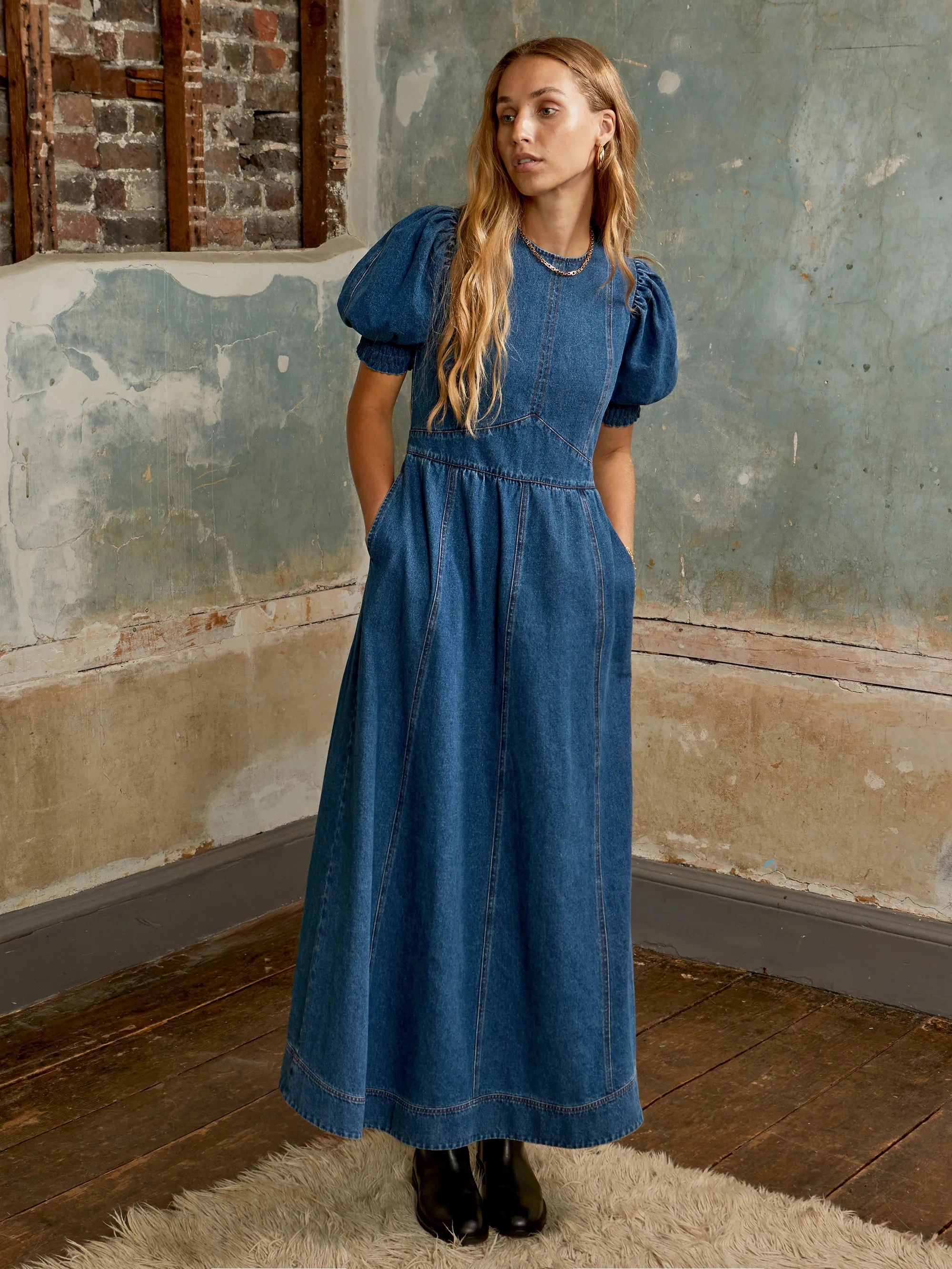 Puff-Sleeve Denim Midaxi Dress Comfy Style Simple Bow
