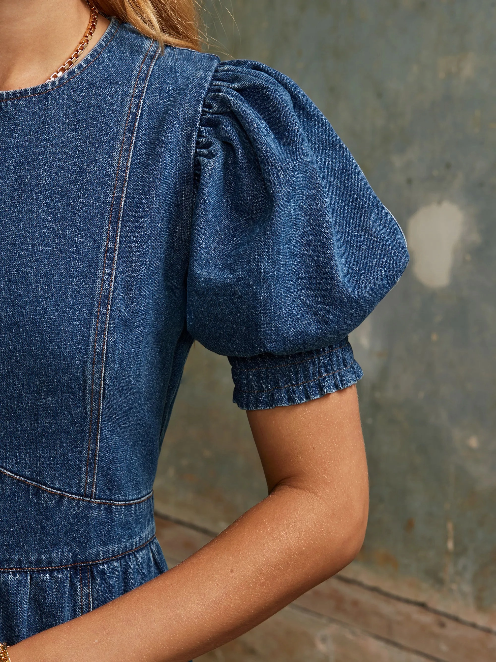 Puff-Sleeve Denim Midaxi Dress Romantic-Detail Layered Comfort Wear