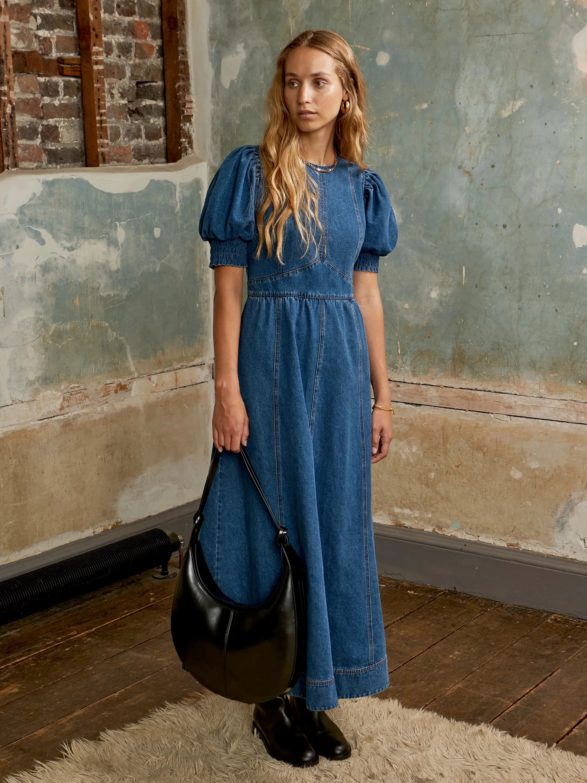 light layering Comfortable fit dress Puff-Sleeve Denim Midaxi Dress