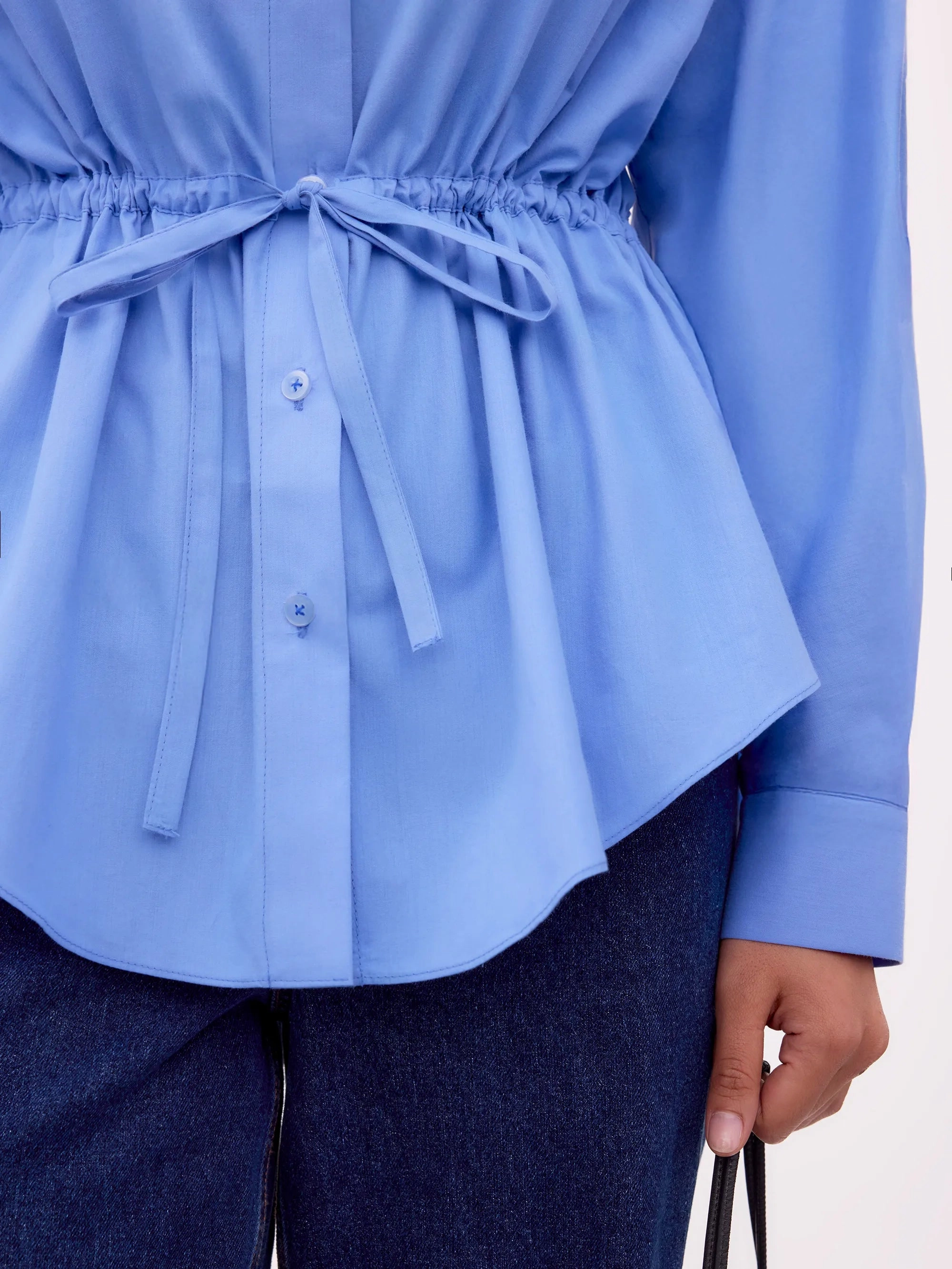 Blue Gathered Waist Shirt Mesh Lining Printed Hoodie