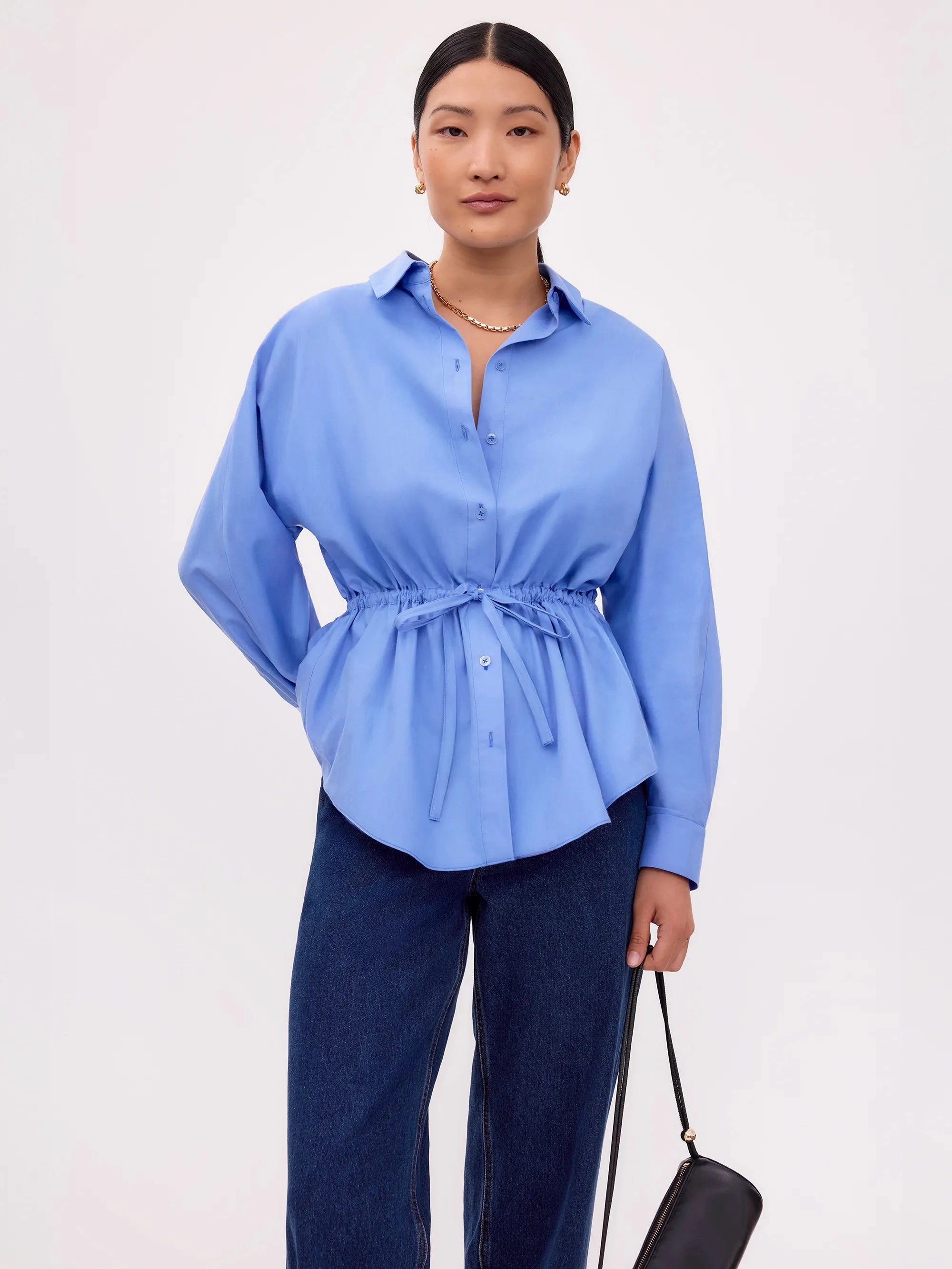 MultiPanelBreathability Blue Gathered Waist Shirt