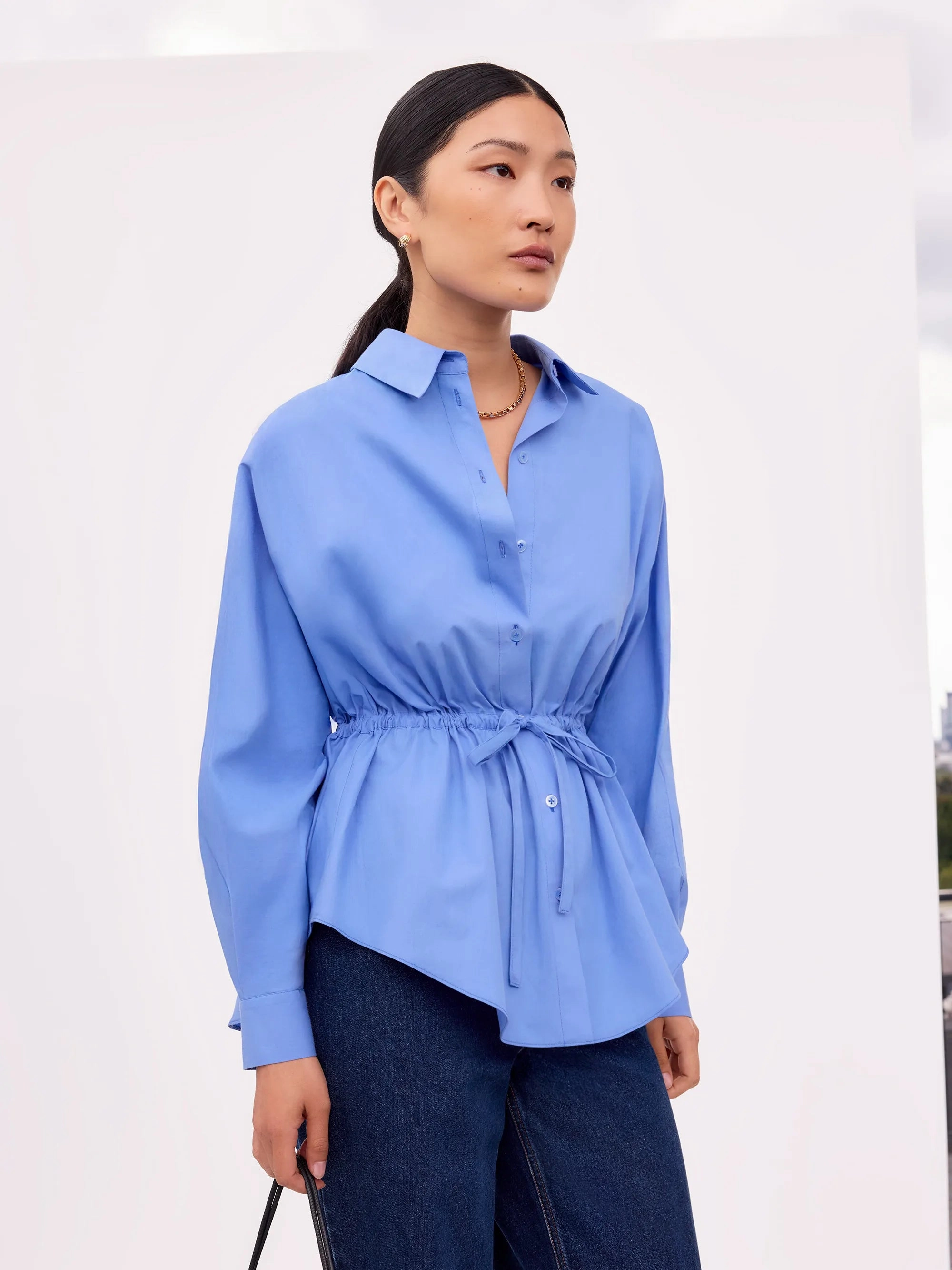 Blue Gathered Waist Shirt NonIrritatingStitching