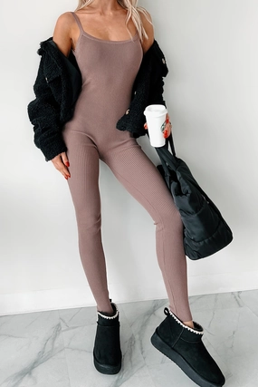 Wedding Youth Relaxed Indoor Making Things Right Rib Knit Backless Jumpsuit (Latte)