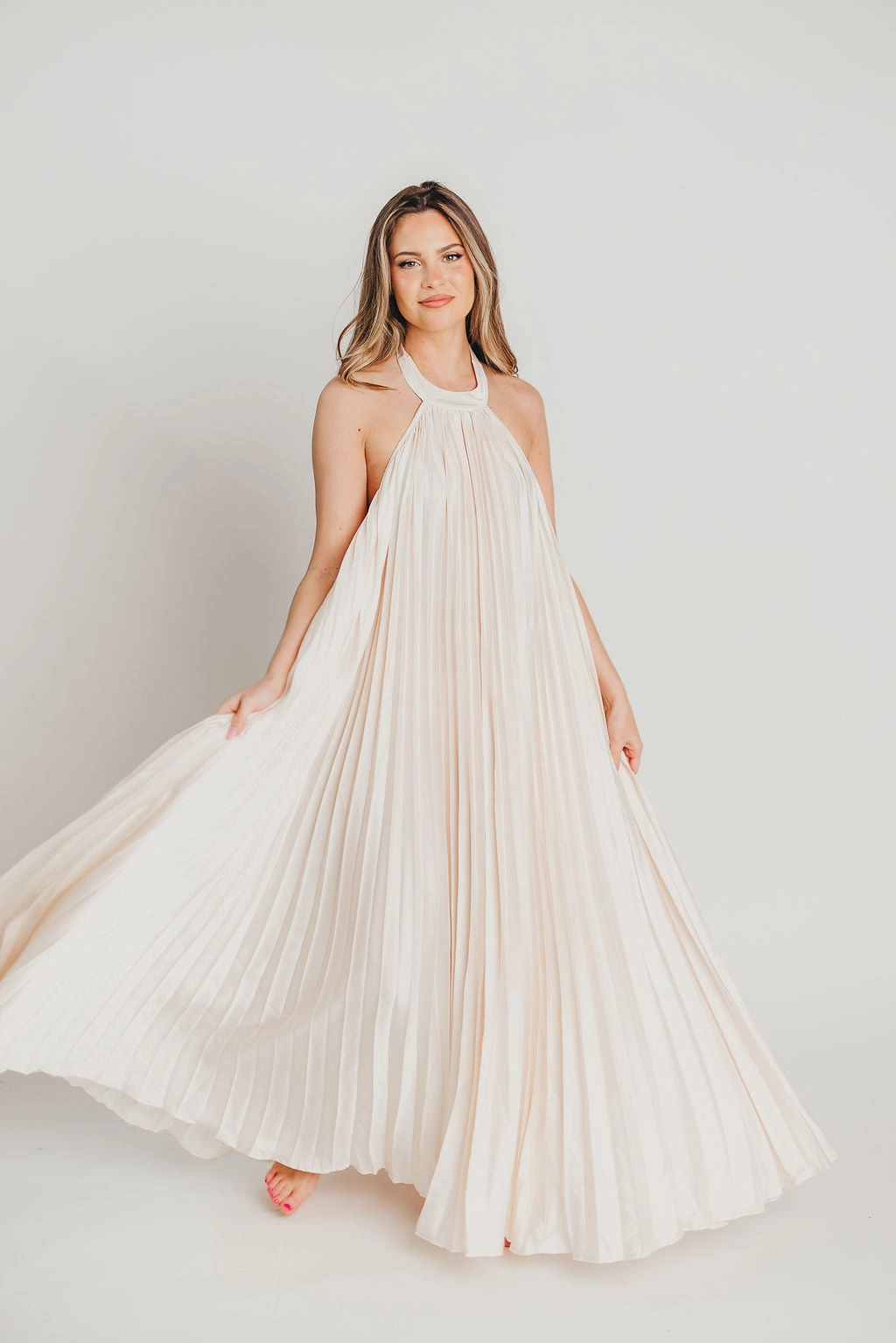 Day Ready Maren Pleated Halter Maxi Dress in Cream - Bump Friendly
