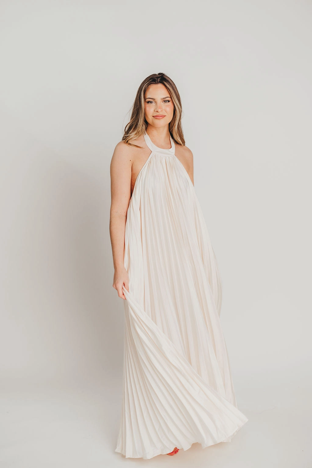 Maren Pleated Halter Maxi Dress in Cream - Bump Friendly Anniversary-Event