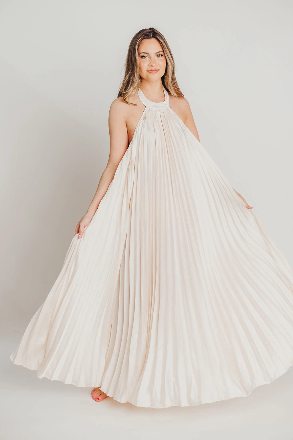 Maren Pleated Halter Maxi Dress in Cream - Bump Friendly Playful and flirty dress petite size