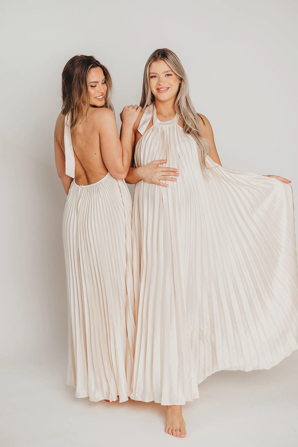 Maren Pleated Halter Maxi Dress in Cream - Bump Friendly Classic Style Balanced feel