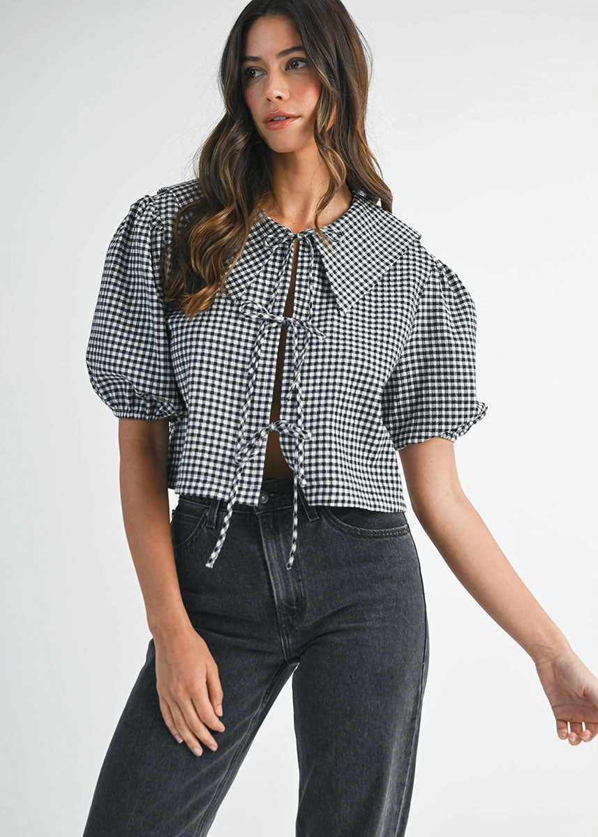 Built In Filter Layer Margaret Gingham Collar Top - Black