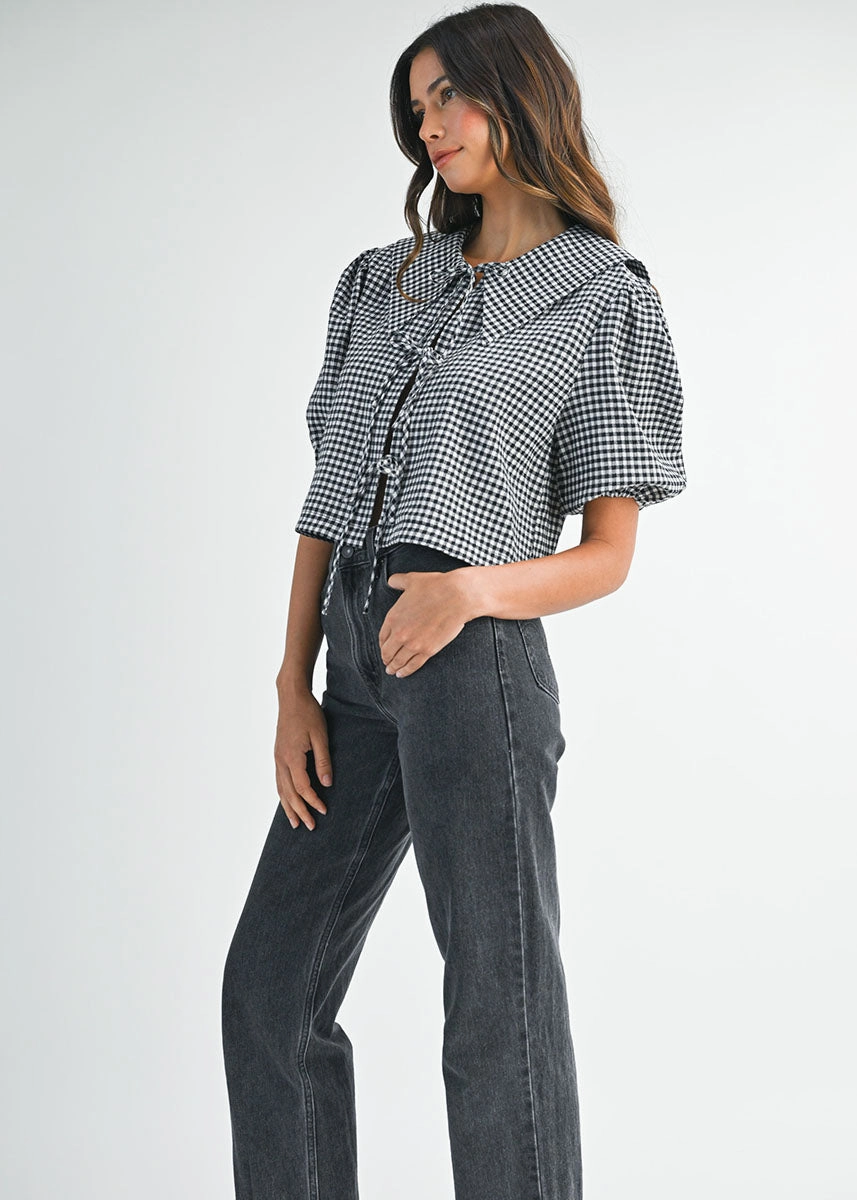 Ergonomic Shoulder Cut Quick Access Zipper Margaret Gingham Collar Top - Black