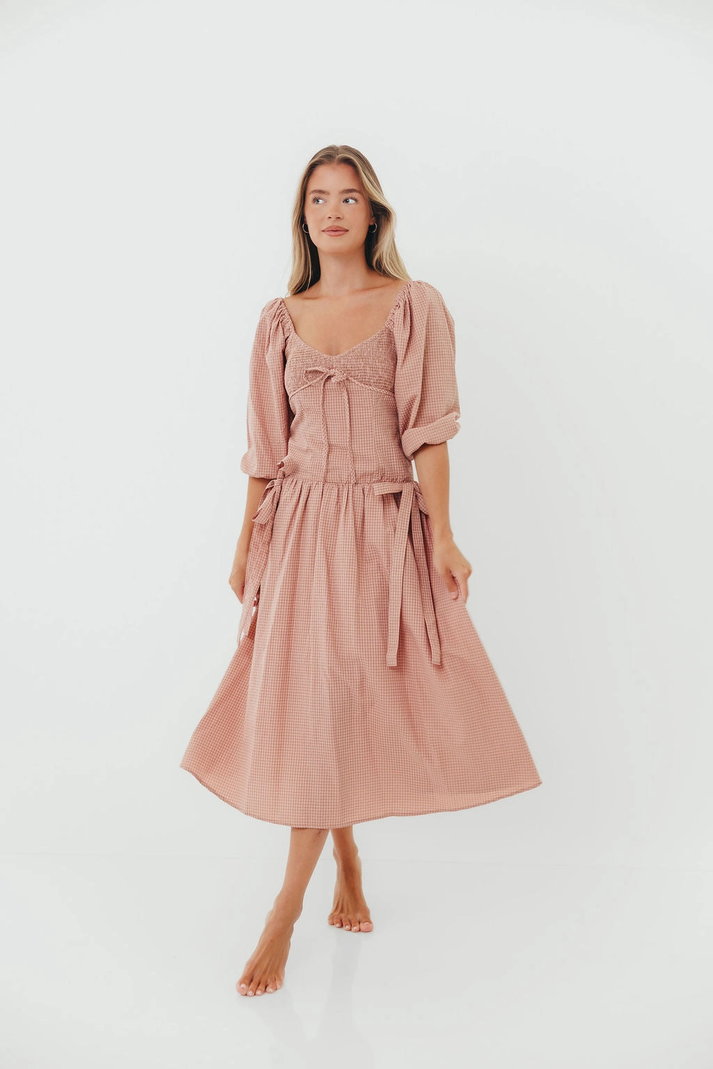 Marla Bow Detail Midi Dress in Dust Pink Pastel Sky Low Maintenance