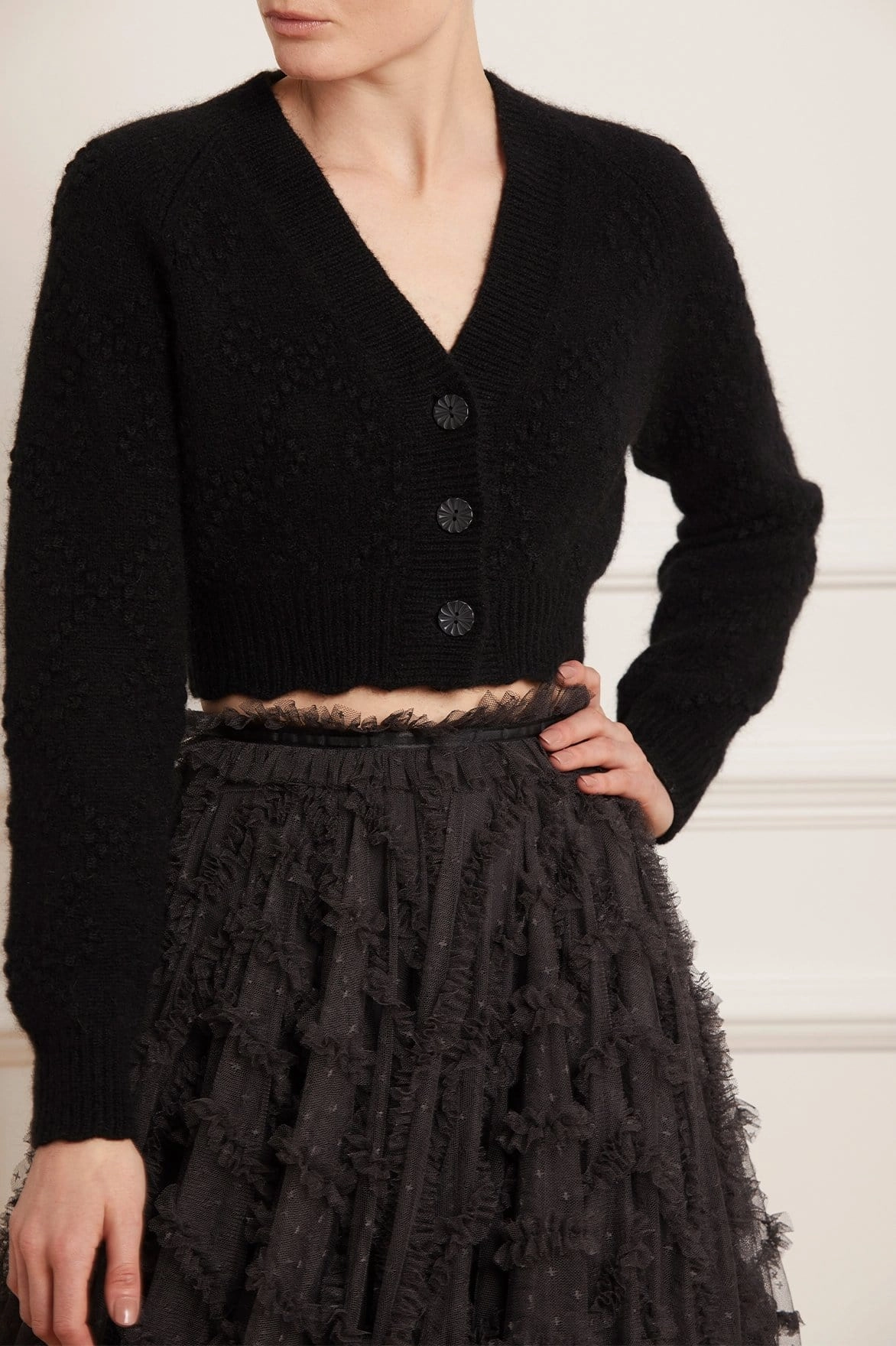 Drop Shoulder Garment Washed Bow Stitch Cropped Cardigan