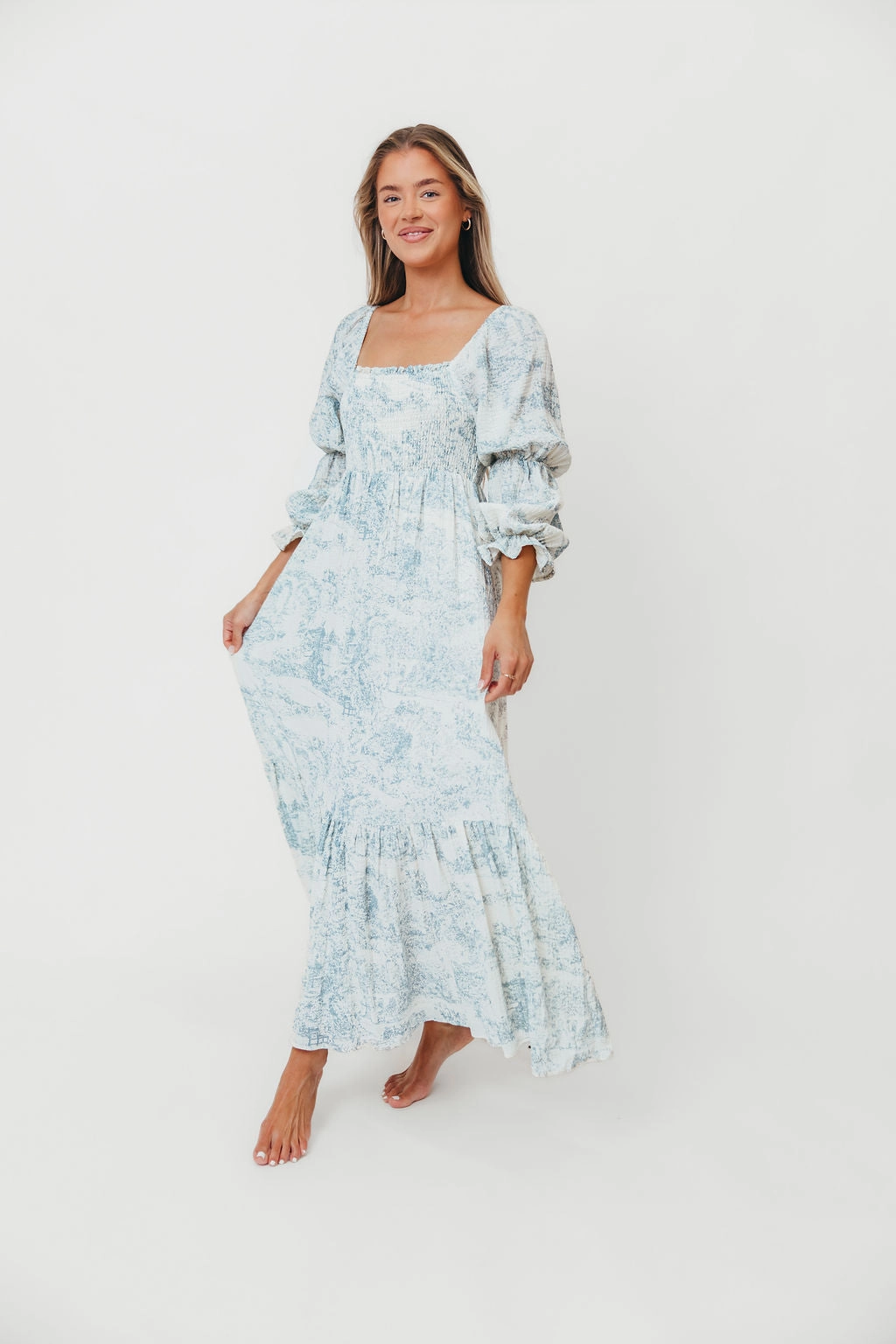 Polished Appearance Fresh Form Emerson 100% Cotton Smocked Maxi Dress with Long Sleeves in Blue Toile - Bump Friendly
