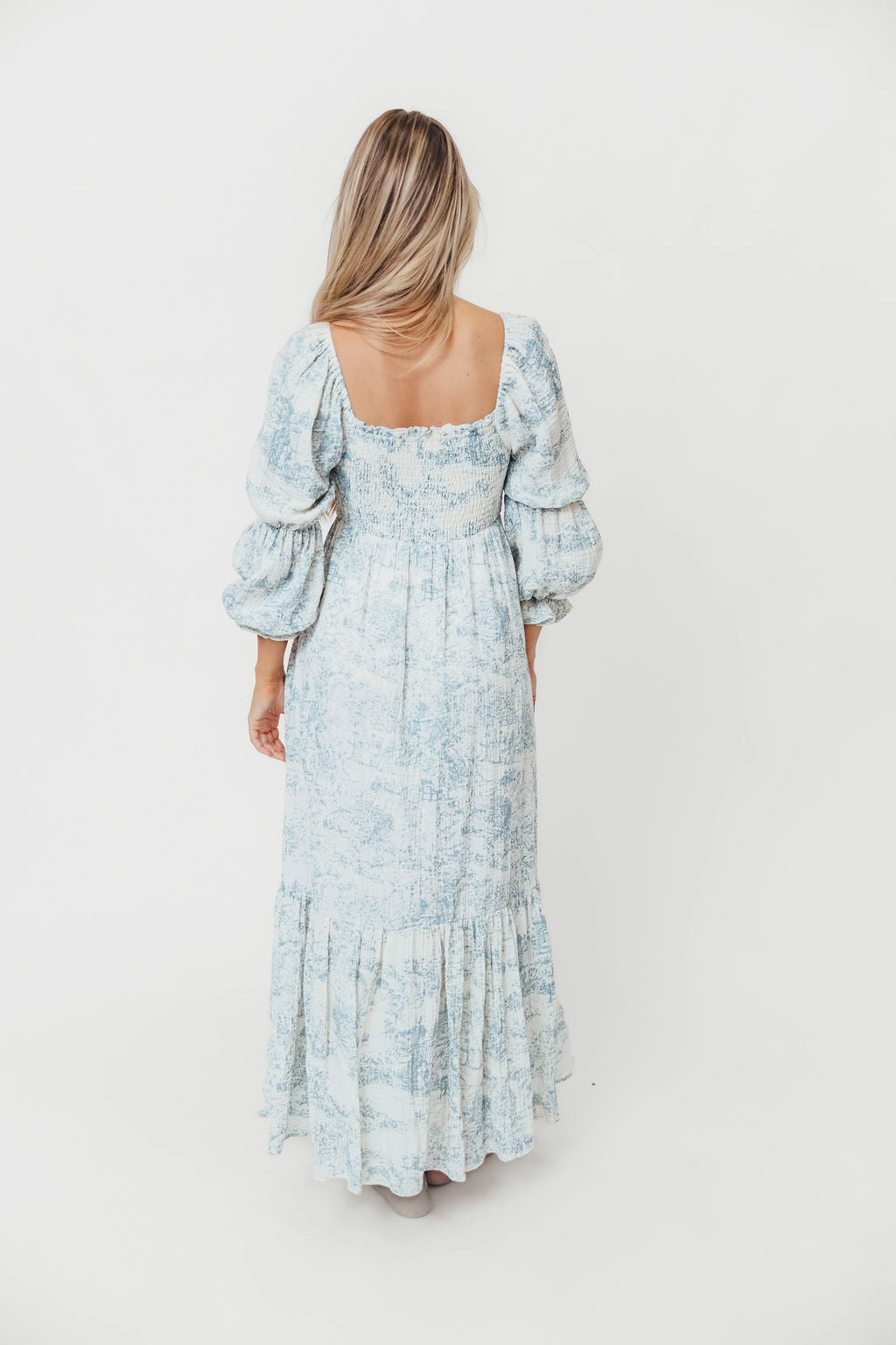 Emerson 100% Cotton Smocked Maxi Dress with Long Sleeves in Blue Toile - Bump Friendly animal-print photo look