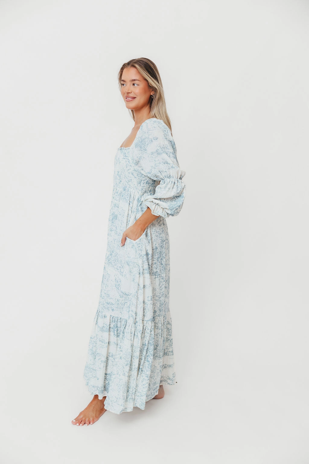 Bohemian style Emerson 100% Cotton Smocked Maxi Dress with Long Sleeves in Blue Toile - Bump Friendly