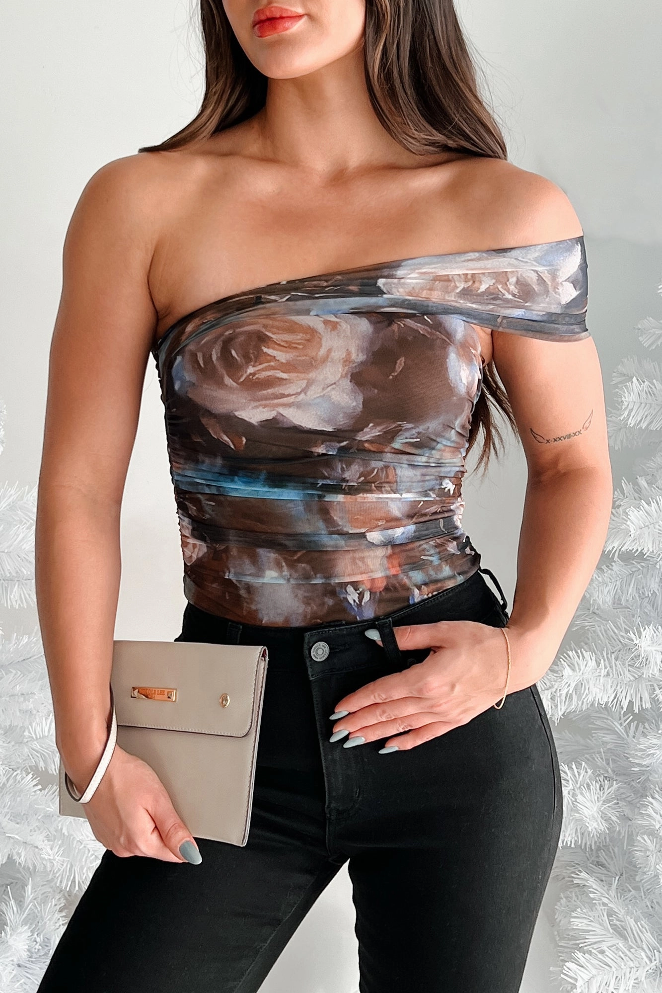 For Teens Thermal Warm Maven Asymmetric Floral Mesh Bodysuit (Brown Multi)