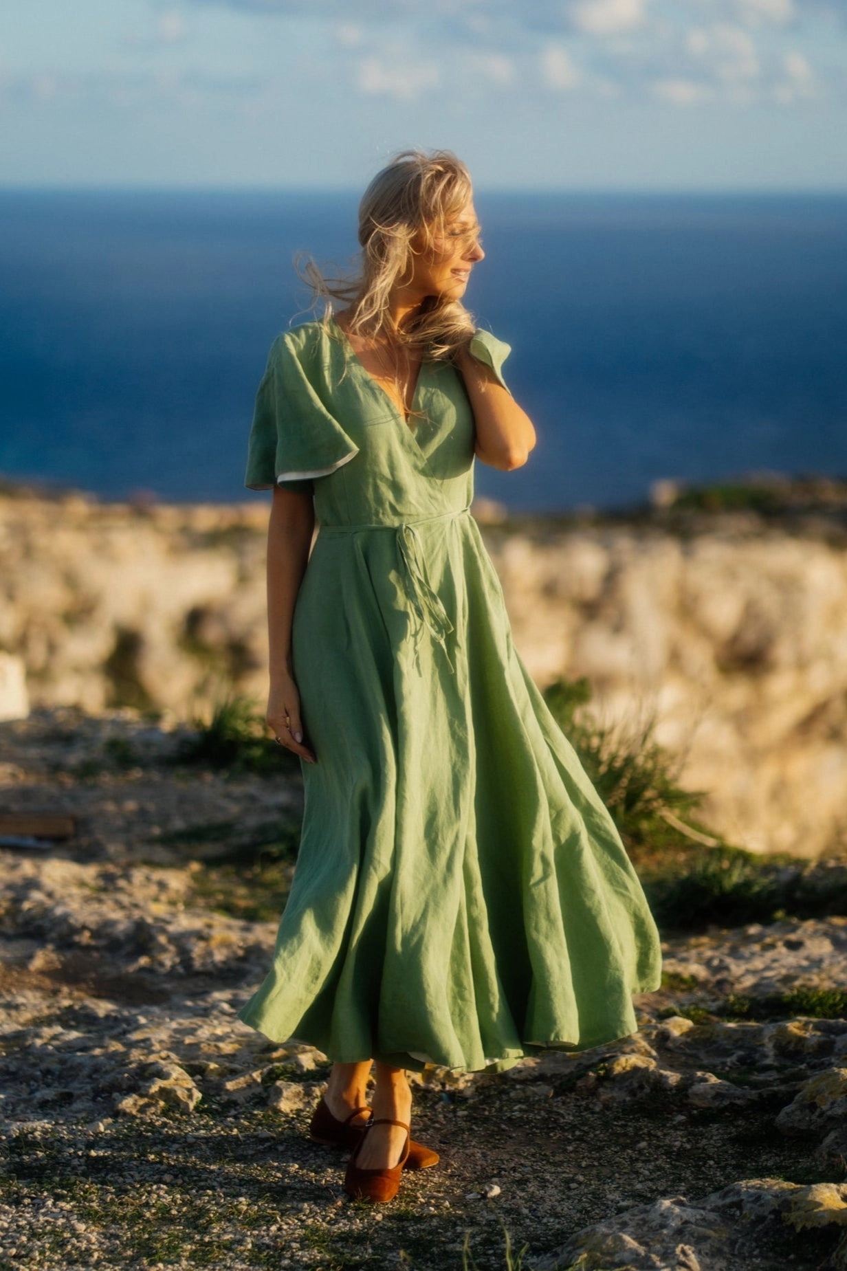 Slit Detail Bow Soft Maxi Wrap Dress, Butterfly Sleeve