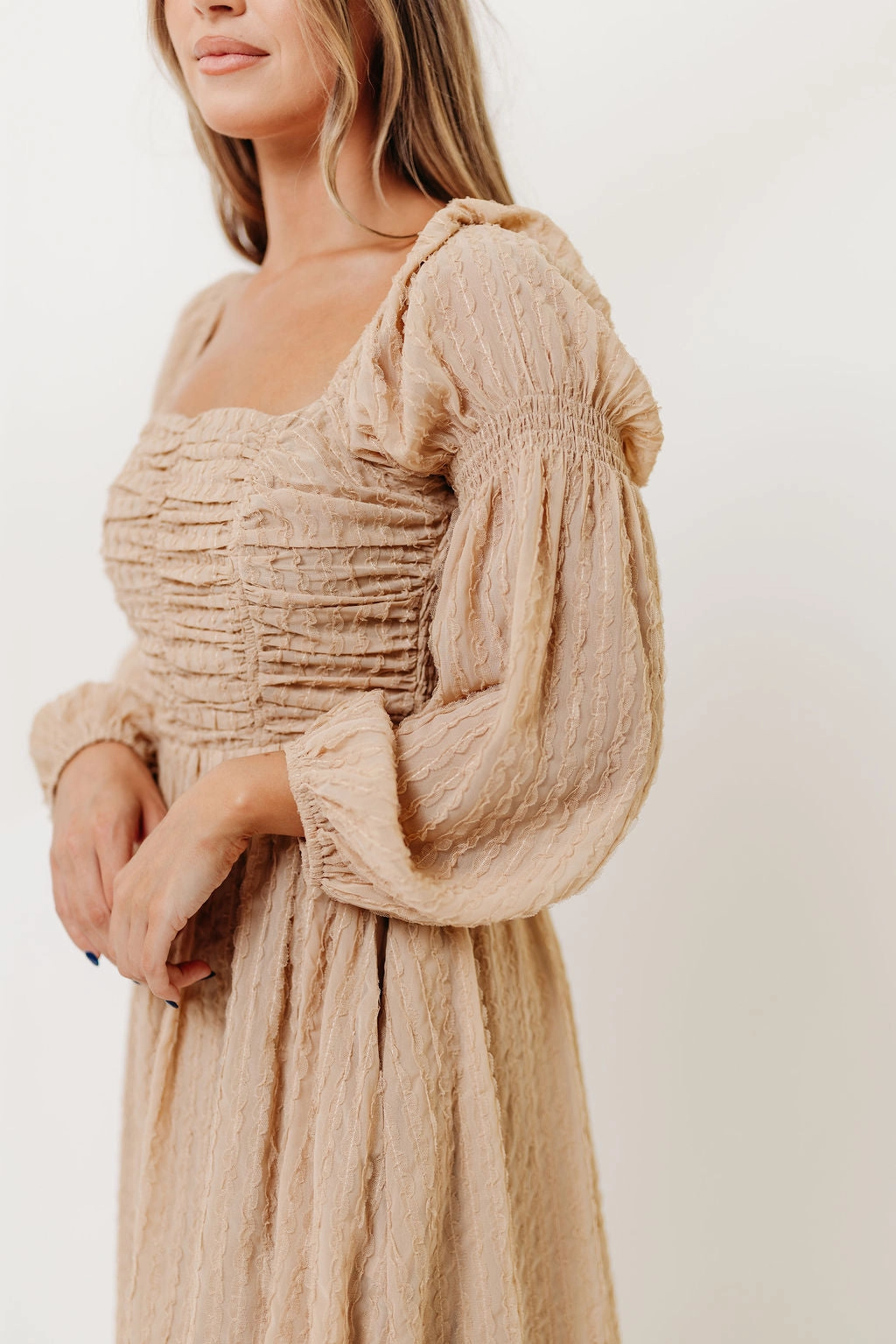 Maxine Ruched Chiffon Maxi Dress in Taupe Neutral Tones