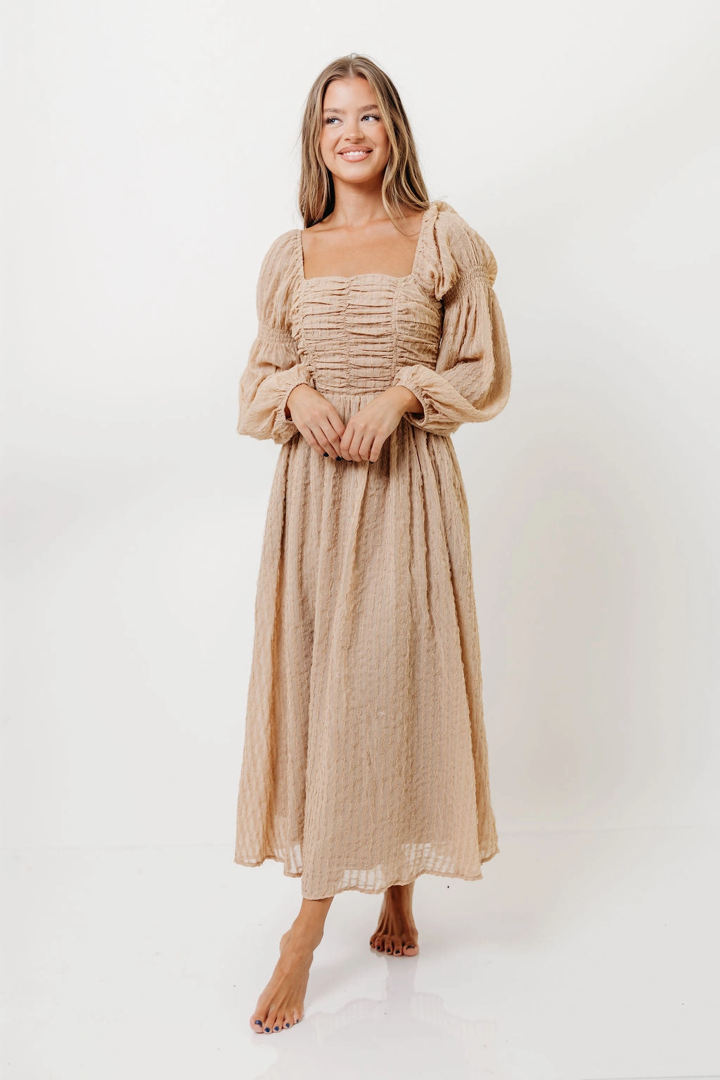 Urban Minimalism Work Comfort Maxine Ruched Chiffon Maxi Dress in Taupe